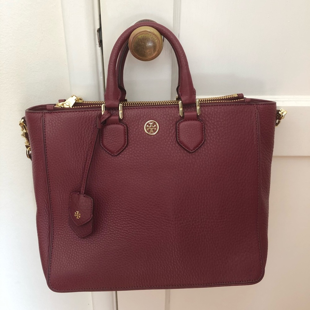 Tory Burch Pebbled Leather Tote in Burgundy with Gold Hardware